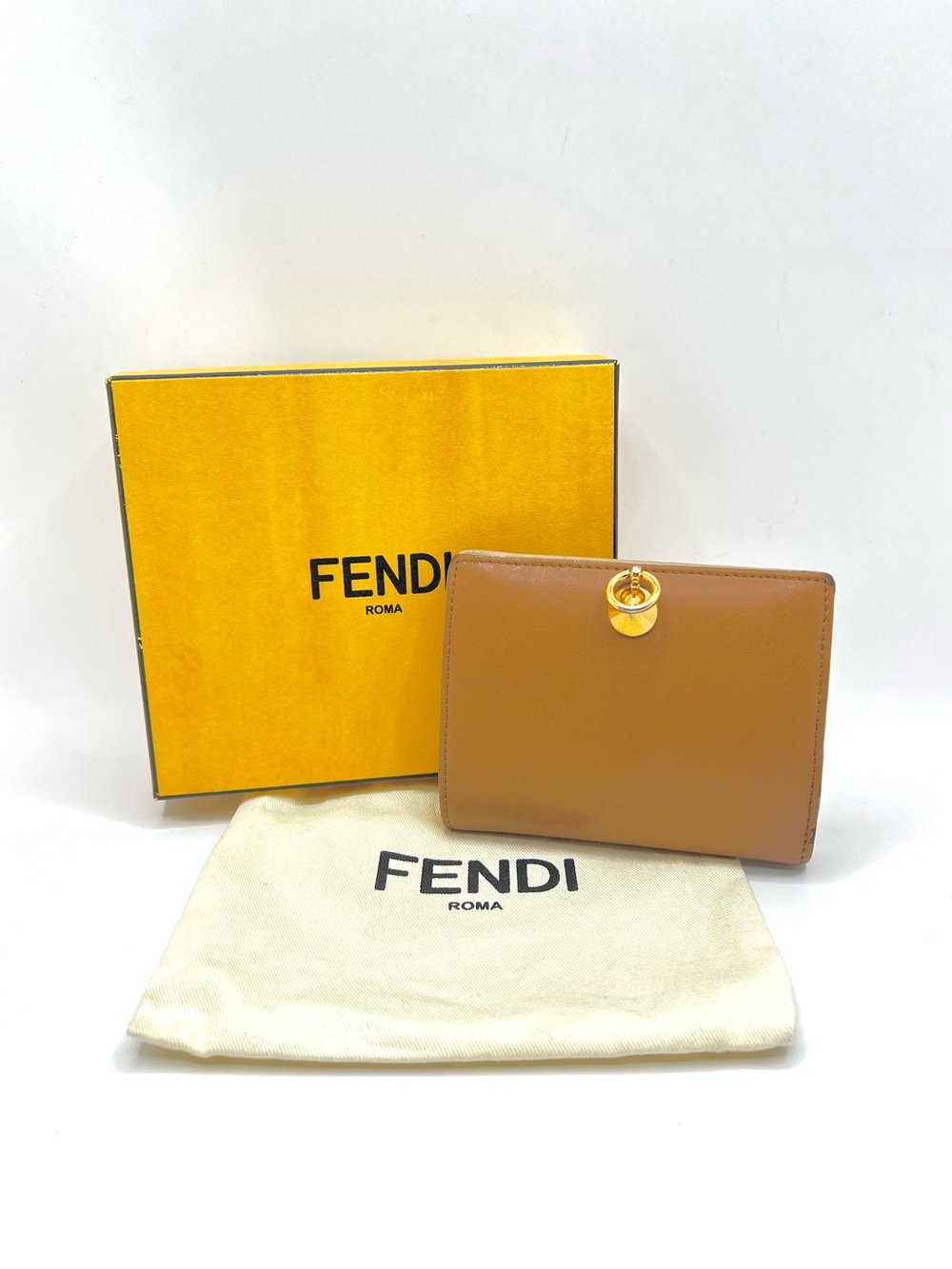 Authentic Brown Fendi Leather Bifold Wallet Yellow Interior W/ Box Dust Bag